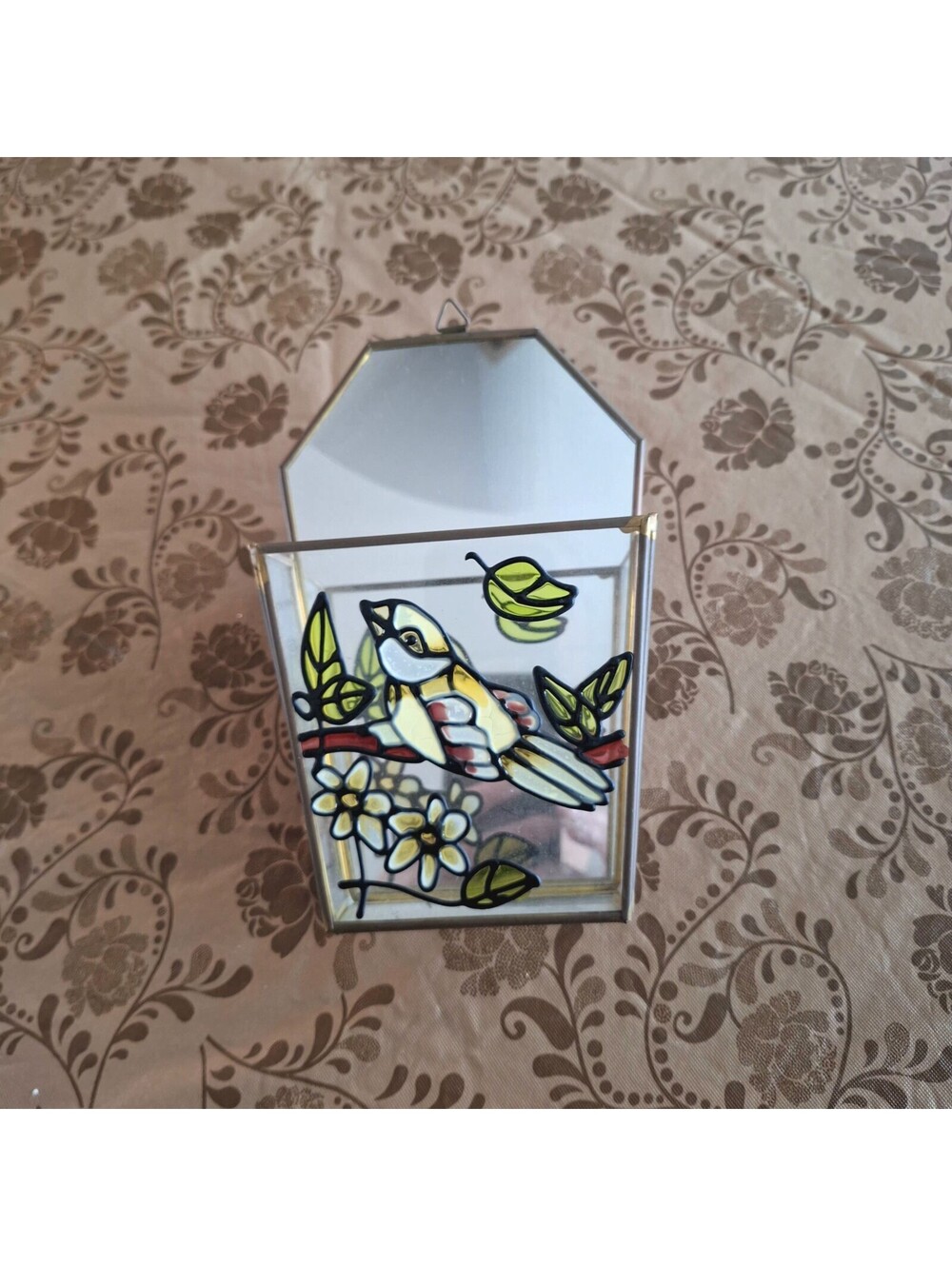 VTG Mirror/Glass Brass Mail Holder Wall Pocket Stained Glass Floral/Bird 8X5